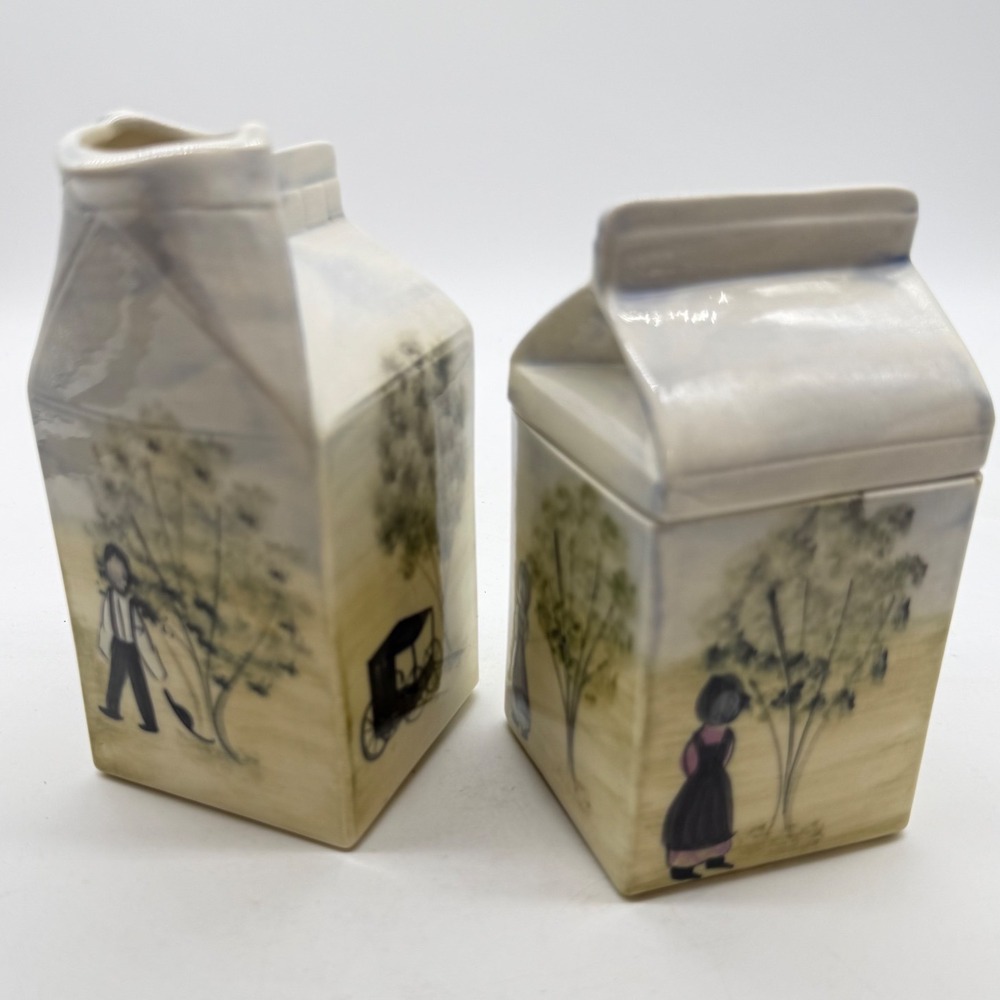 J. Koch Vintage 1990 Hand Painted Ceramic Milk Carton Creamer and Sugar Set